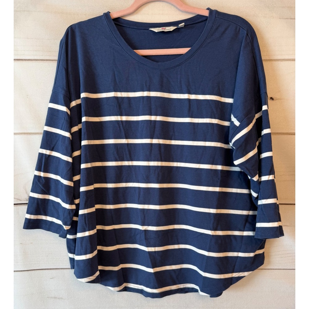 Vineyard Vines Women Navy Blue White Striped 3/4 Sleeve Top Large Cotton Modal